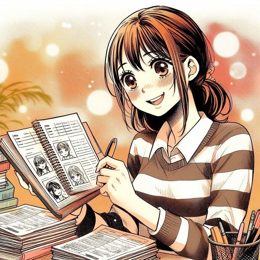 A manga-style sketch of a girl organizing her many notes after many interviews. The girl is young and cheerful. The background features warm colors blended with white.