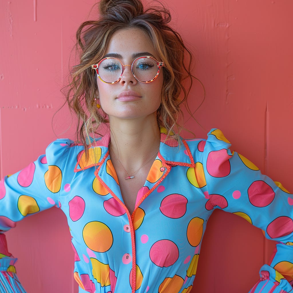 A woman, beautiful, posing in a funny position, with vivid color clothes wearing eyeglasses wearing contrasting vivid color accessories solated on vivid contrasting pink color background with space. High quality photography in the style of more realistic details and texture of, clean sharp focus, high resolution photography, the photo taken using a Canon EOS R6 Mark II camera and an RF lens showing. Color shades: pink