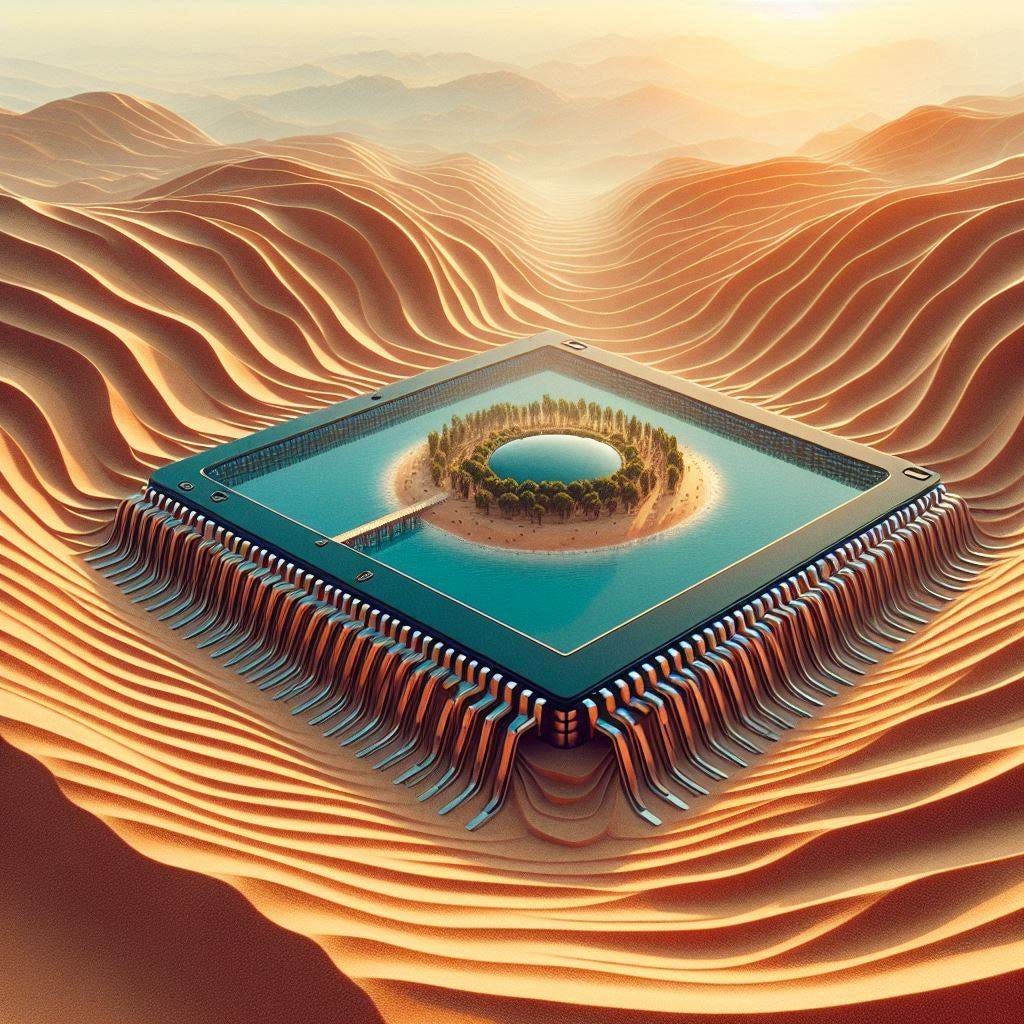 an optical illusion of an oasis in a desert made of semiconductor chips