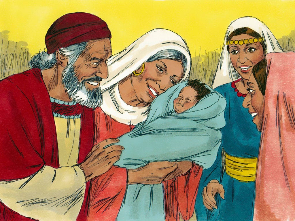 An illustration of Zechariah and Elizabeth with their baby, John the Baptist