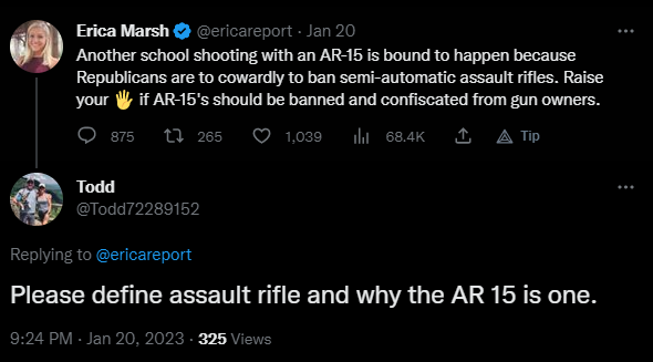 Snip from Twitter-user asking another user to define AR-15 and assault rifle