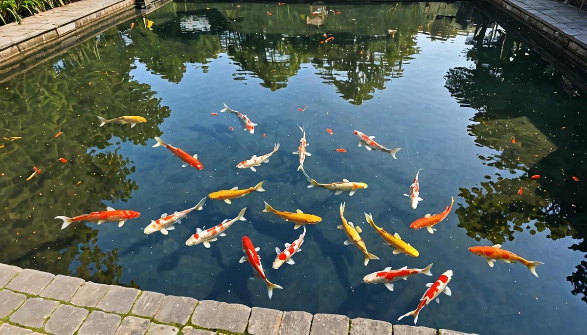 Large pool with Koi carp swimmimg, and reflections in water