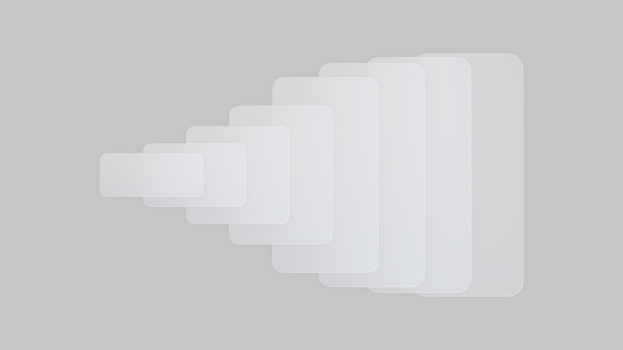 Eight overlapping white rounded rectangles, each increasing in size from left to right, arranged in a layered sequence.