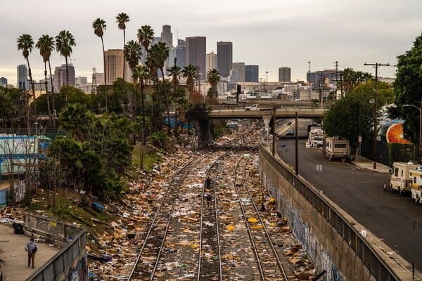 The Union Pacific Railroad tracks littered with debris.