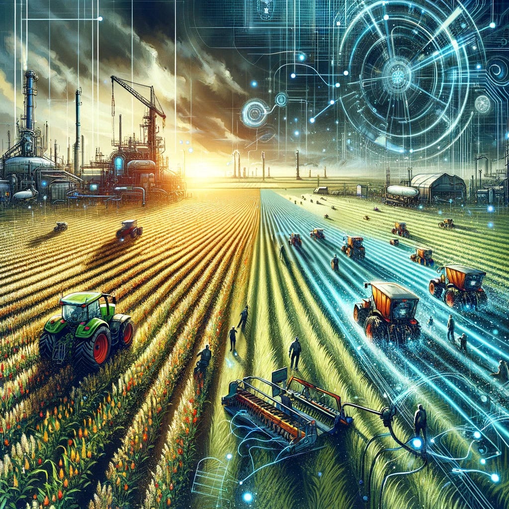 A detailed and dynamic illustration representing the impact of technological progress in agriculture as described by agronomist Sebastian Lakner. The scene shows a modern farm with high-tech machinery like tractors and automated systems, dramatically reducing the number of farm workers. In the background, a large field is being efficiently managed by just a few people, highlighting the shift from labor to technology. The atmosphere conveys a sense of advancement and efficiency, but also a hint of solitude due to the reduced human presence, reflecting the mixed consequences of technological progress in rural areas.
