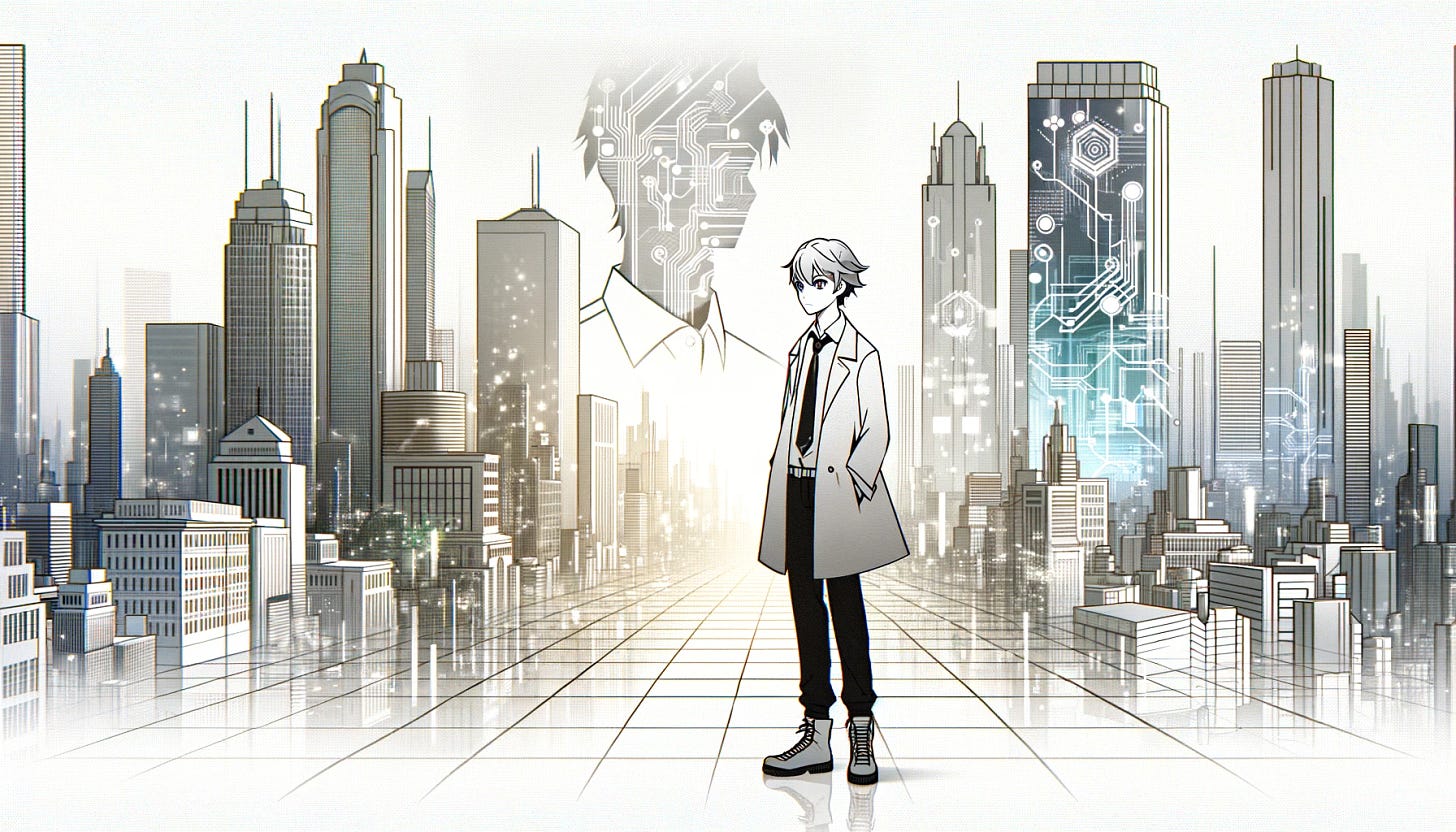 A wide, clean, and minimalistic anime-style cover image for a tech newsletter, showcasing a different scene. The image features a modern, streamlined anime character who embodies the spirit of a tech innovator, set against a backdrop of a minimalist, digitally-inspired cityscape. The cityscape should be subtly detailed with sleek, futuristic buildings, integrated with digital elements like circuit patterns and holographic displays. The anime character, drawn with clear, crisp lines and minimal shading, stands confidently, gazing into the digital horizon. The overall design is sophisticated and understated, highlighting the fusion of anime aesthetics with a minimalist, tech-focused theme.