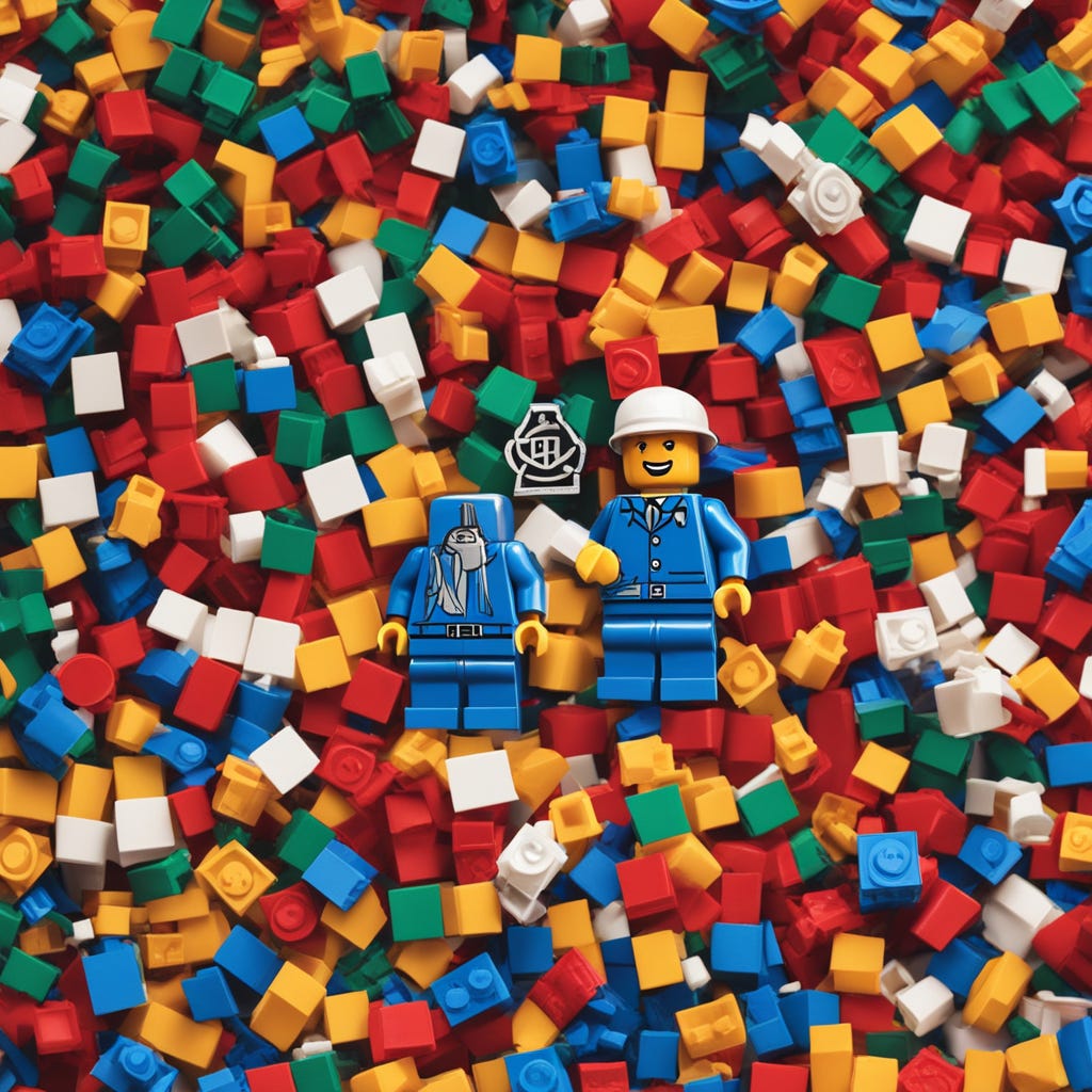 Two lego minifigures; one headless, one with a creepy smile and a white hat; they're in a pile of 1x1 lego bricks.  There is a grey thing in the middle that might conceivably be some sort of logo but it definitely looks nothing like the Kubernetes logo.