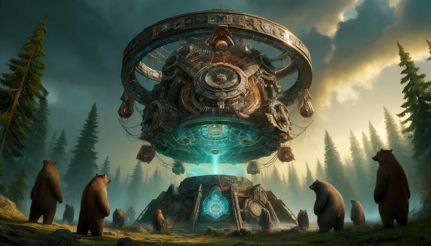 A massive, awe-inspiring contraption designed by the Bear Council, combining elements of psionic and magical technology. The device is enormous, towering over the forest canopy, and emanates a powerful, otherworldly glow. It features intricate runes and mystical symbols, with a central core pulsating with energy. Bears, both in their natural form and some in ceremonial attire, stand around it, showcasing its scale and power. The surrounding forest and sky have an ominous, charged atmosphere, highlighting the contraption's immense potential.