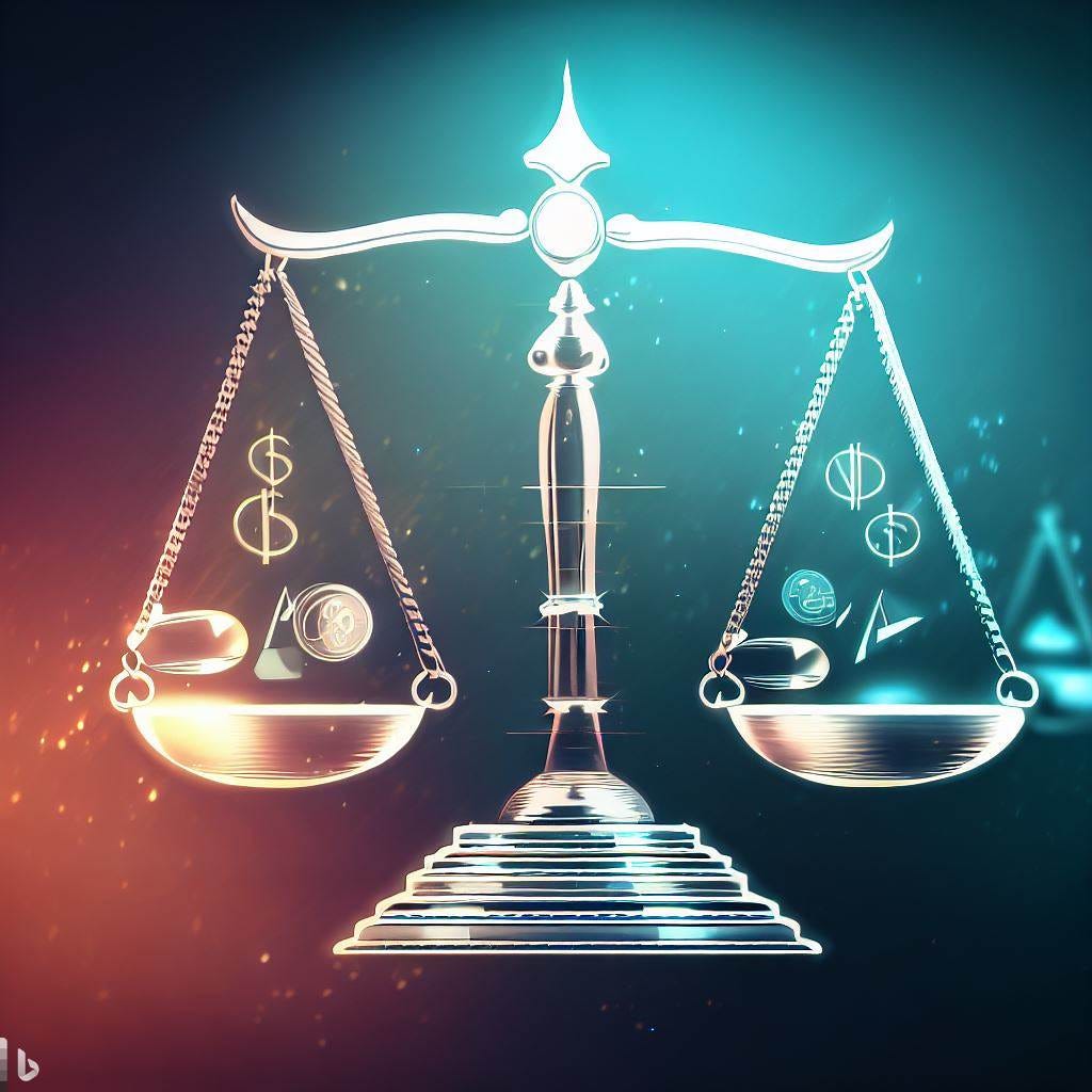 image of a balanced scale, with one side symbolizing efficiency (e.g., a stack of coins or a dollar sign) and the other side representing justice and social transformation (e.g., a gavel or a symbol of equality