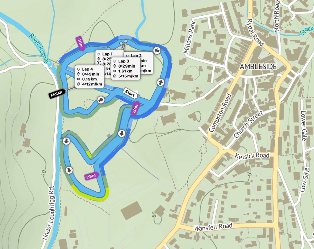 Route map of Rothay Park parkrun in Ambleside, Cumbria.