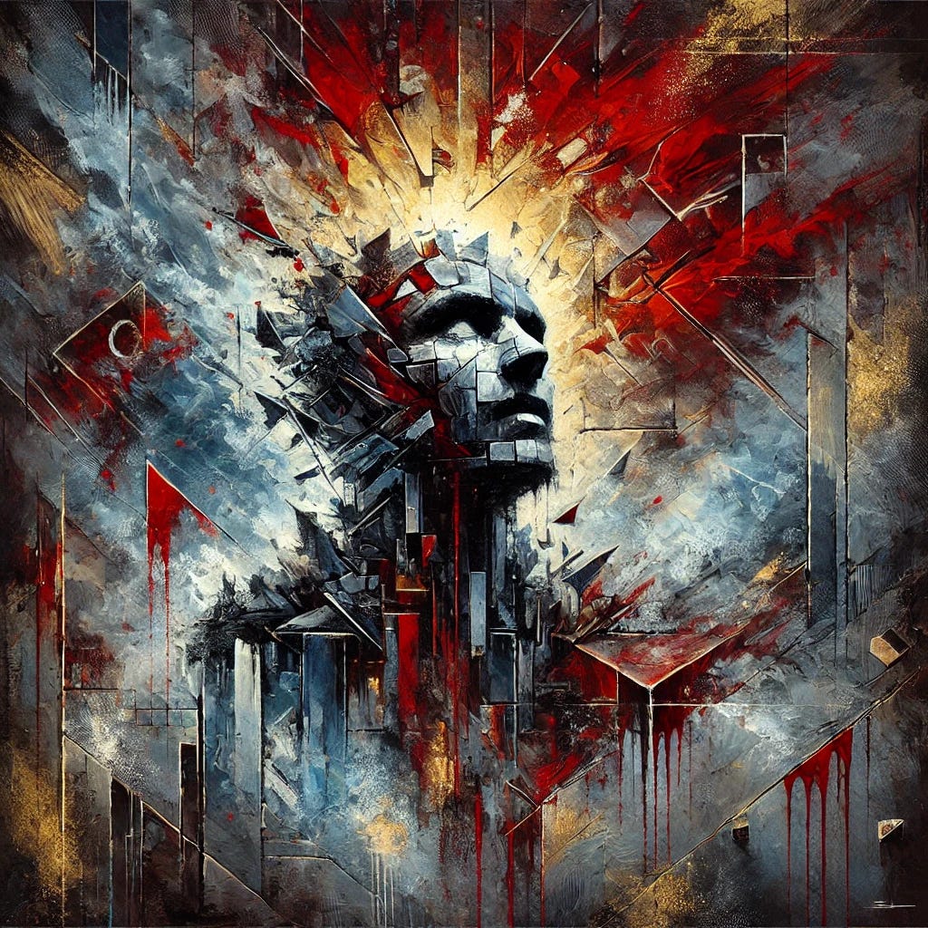 An abstract painting reflecting the political turmoil and arrest of Istanbul mayor Ekrem Imamoglu. Use bold, clashing shapes and distressed textures to convey conflict and tension. Dark reds, stormy greys, and deep blues dominate, with sharp lines symbolizing oppression and broken order. A central, fragmented figure symbolizes the silenced voice of democracy, surrounded by swirling chaos and blocky forms representing state control. Include faint hints of flickering light or resistance using warm gold or white accents. The composition should be emotional and intense, with expressive brushstrokes and layered textures in a square 1024x1024 format.