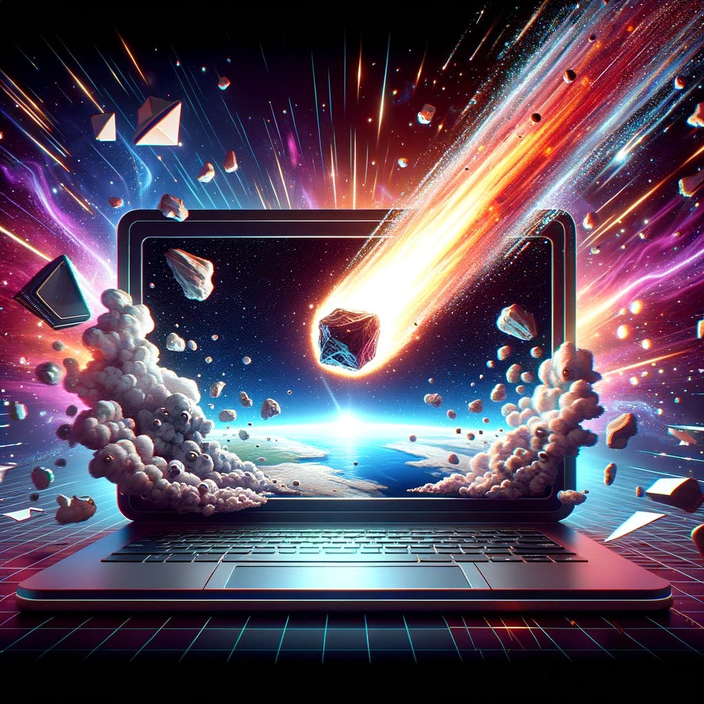 An asteroid exploding into a laptop