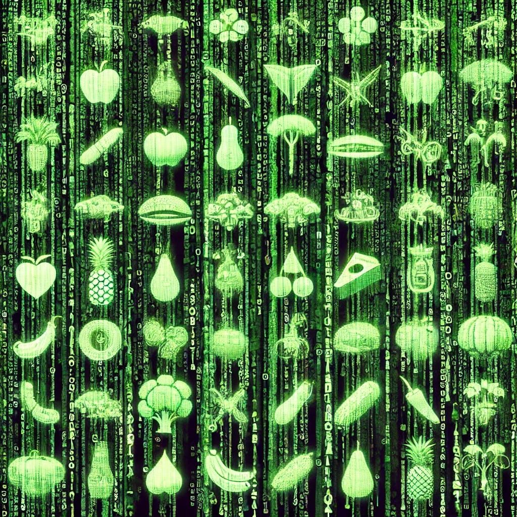 A digital, stylized image of an array of foods (fruits, vegetables, meats, seafood) outlined in green code, similar to the visual style of 'The Matrix.' The foods should appear as though they are part of a computer simulation, with green code symbols cascading over and around them. The entire scene should be predominantly green, with the foods and background blending seamlessly into the iconic digital aesthetic of 'The Matrix.'