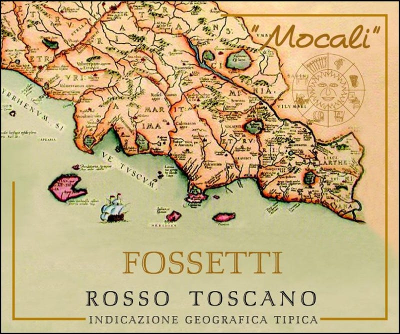 The label of this week's featured wine features an antique map of Italy's Tuscan coast.