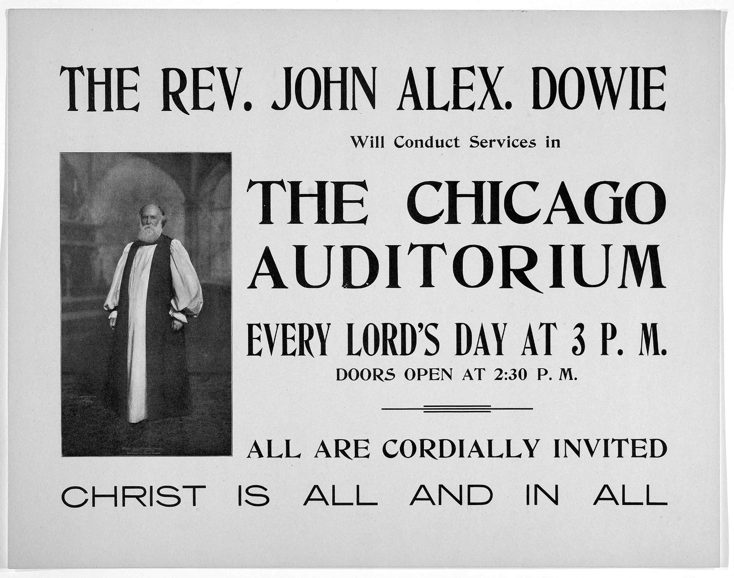 An advertisement for John Dowie's sermons in Chicago, 1900.