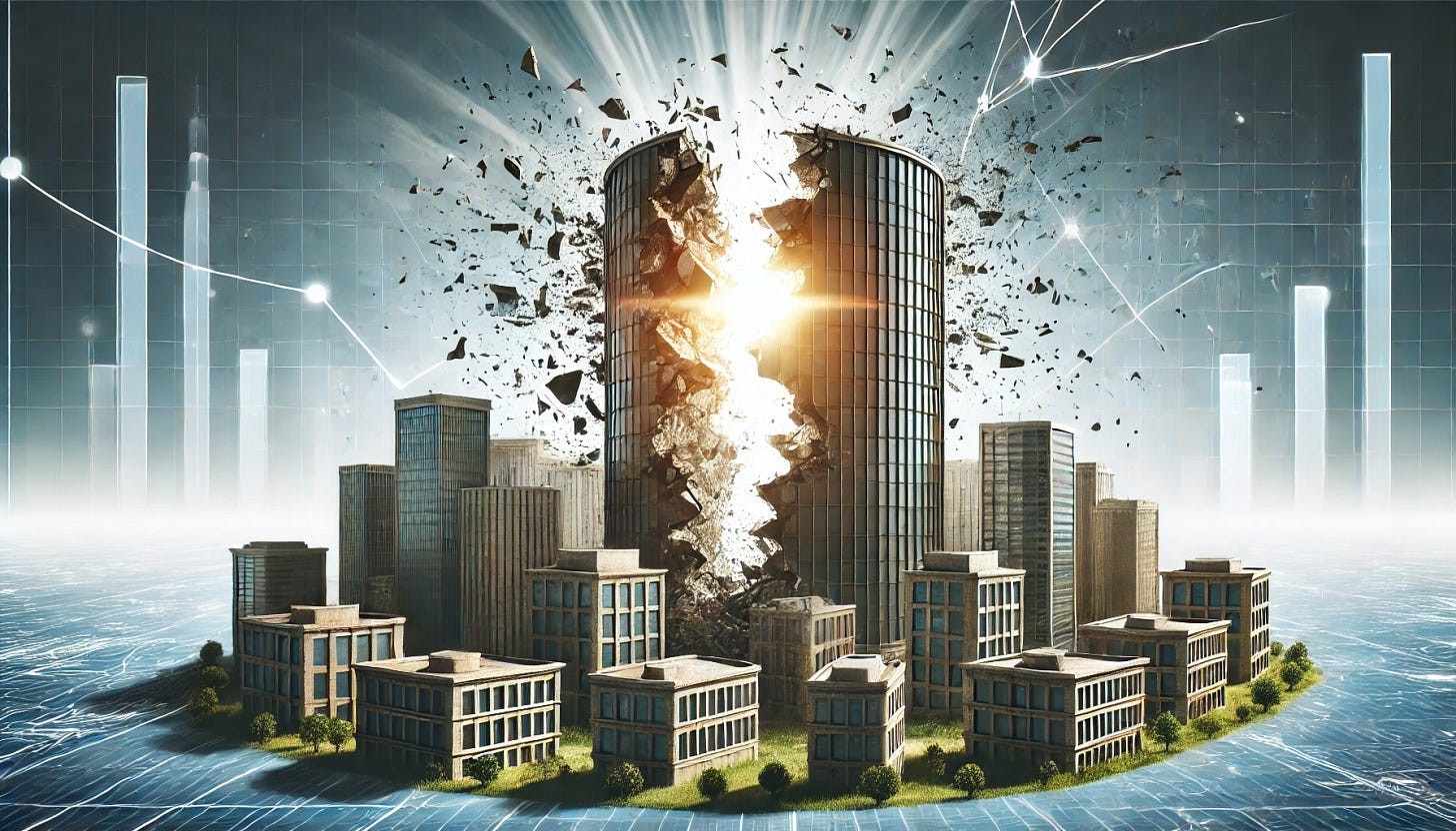 A large company symbolized by a cracked, crumbling building, being split by a powerful beam of light representing new technology. Surrounding this scene, several smaller buildings, representing small entities, are standing strong and thriving. The background features a clear sky with subtle modern cityscape elements to provide context and contrast. The overall style should be straightforward and clean.