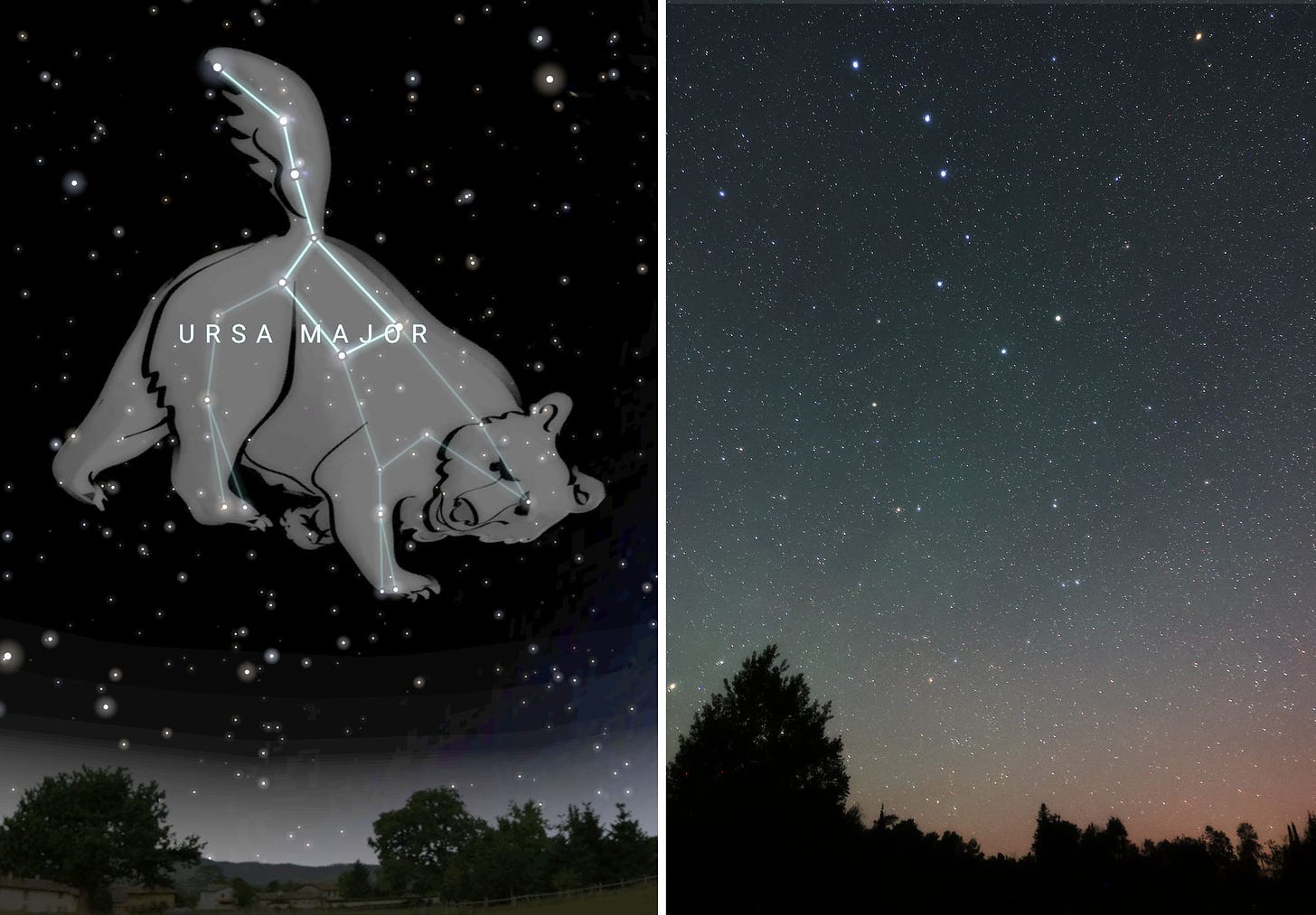 Paired images, constellation Ursa Major at left, night sky of stars at right