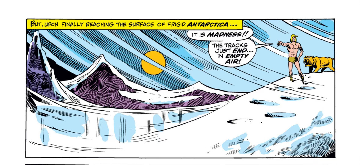 Panel showing Ka-Zar and Zabu tracking Hulk on the snowy plains