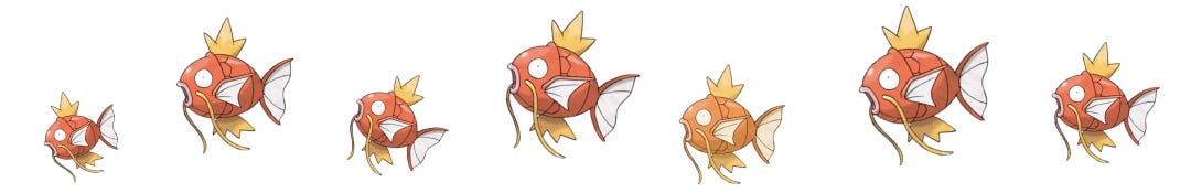 7 red and yellow MagiKarps one of which is a yellow shiny