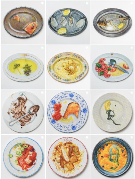 A collage of Ignasi Monreal's food paintings. Top row, from left to right: bruschetta, oysters, fish bones on a plate; next row, left to right: olive and chilies; leftover carbonara pasta, tomatoes on a plate; next row, left to right: leftoever profiteroles, a bitten slice of bread, a string of green vegetables and squeezed lemon; last row, left to right: leftover polpettine and zucchini, pasta, and tangerine jelly on a plate. All paintings are from his 2022 'Sobremesa' exhibition.