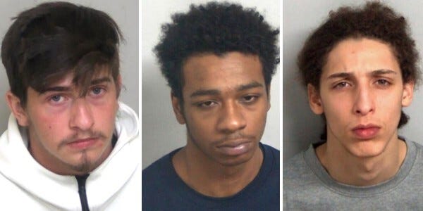 custody photographs of Jack Albertson, Shakeel Mollony, and Anis Houadef