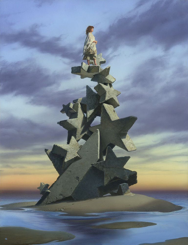 On an island of smooth sand surrounded by placid tide waters, a woman in white shawl stands facing the sunset atop an uneven stack of thick 5-pointed concrete stars. The shapes of various sizes are turned in all directions, casting shadows while intersecting chaotically as the tall stack tapers upward. The cluster stands 20 feet tall backed by almost smoky clouds crossing blue sky. The fading light of day bathes the woman as she stands barefooted on a star laid flat that serves as her makeshift platform. A band of peach and yellow lies well below her low on the watery horizon.