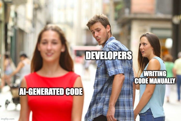 Distracted Boyfriend Meme | DEVELOPERS; WRITING CODE MANUALLY; AI-GENERATED CODE | image tagged in memes,distracted boyfriend | made w/ Imgflip meme maker