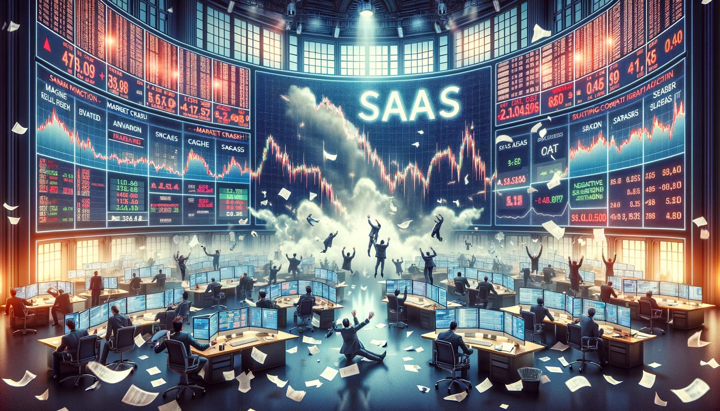 Create a dramatic landscape illustration of a stock market crash impacting SaaS companies for a cover photo. The image should focus on a large, chaotic trading floor with screens showing plummeting stock prices and graphs. The atmosphere is tense with traders looking anxious and gesturing wildly. The background should have a giant digital display featuring the words 'Market Crash' in bold, red letters. Add smaller details like papers flying and computers showing 'Negative Sentiment' alerts about SaaS sector downturn.