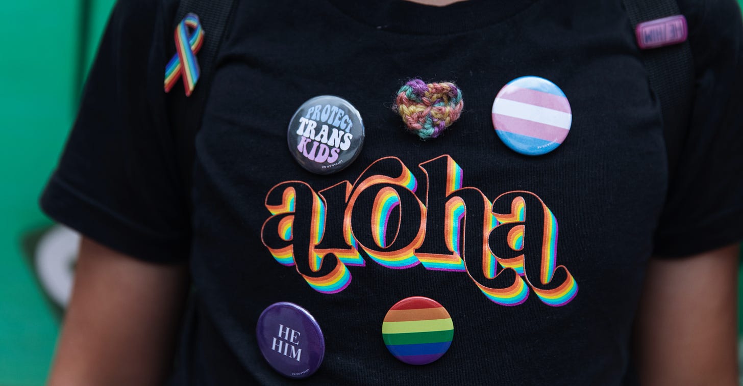 Close up of a black tshirt with rainbow text that says "aroha" and a selection of rainbow badges, a pronoun badge, and "protect trans kids"