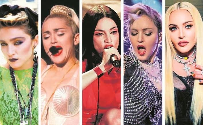 Montagem em formato horizontal com cinco fotos de Madonna em diferentes fases de sua carreira.