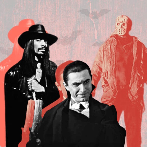 A collage on a bloody red background. The characters in the collage from left to right are Snoop Dogg, who is dressed like his character in Bones, wearing a top hat and a long trench coat; Dracula, who is holding a melting candle and looking to the side ominously; and Freddy Krueger in his signature white hockey mask, which has red paint on it. He's standing, weilding a blade. His figure is silhouetted in red.