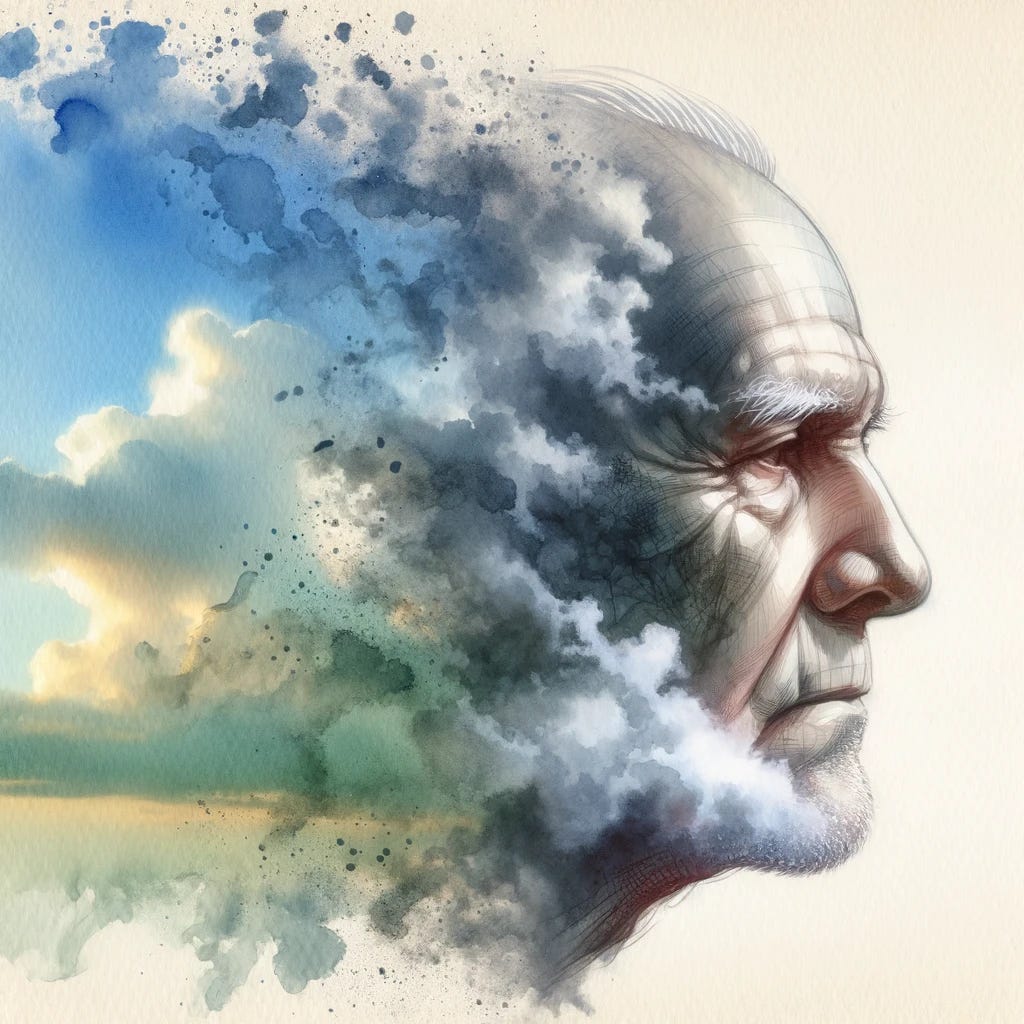 Watercolor painting of an older individual with a reflective expression. As the image progresses towards the right, the person's features start to disintegrate and transform into wisps of smoke, blending into a smog-filled atmosphere.