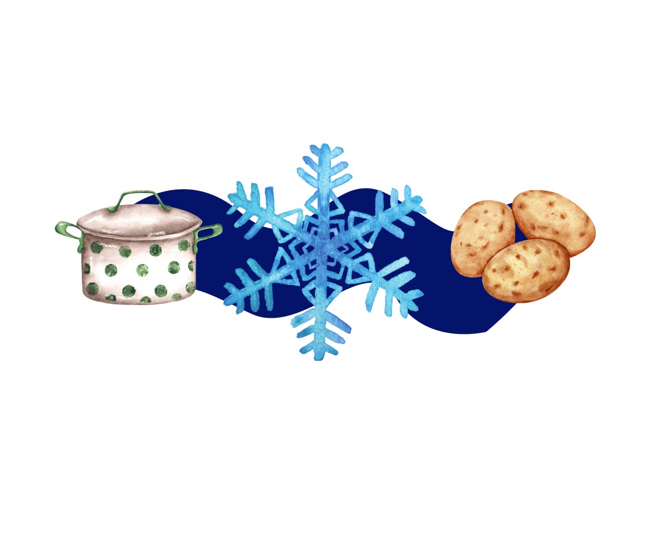 a pot a snowflake and three potatoes