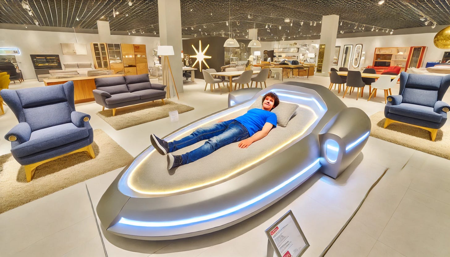 A man lying comfortably on a spaceship-shaped bed in a modern furniture store. The bed resembles a sleek and futuristic spacecraft with metallic and illuminated details, surrounded by other stylish furniture displays. The store is brightly lit with a clean and spacious layout, showcasing various furniture items in a contemporary setting. The man looks relaxed, wearing casual clothes, and the overall atmosphere is inviting and futuristic.