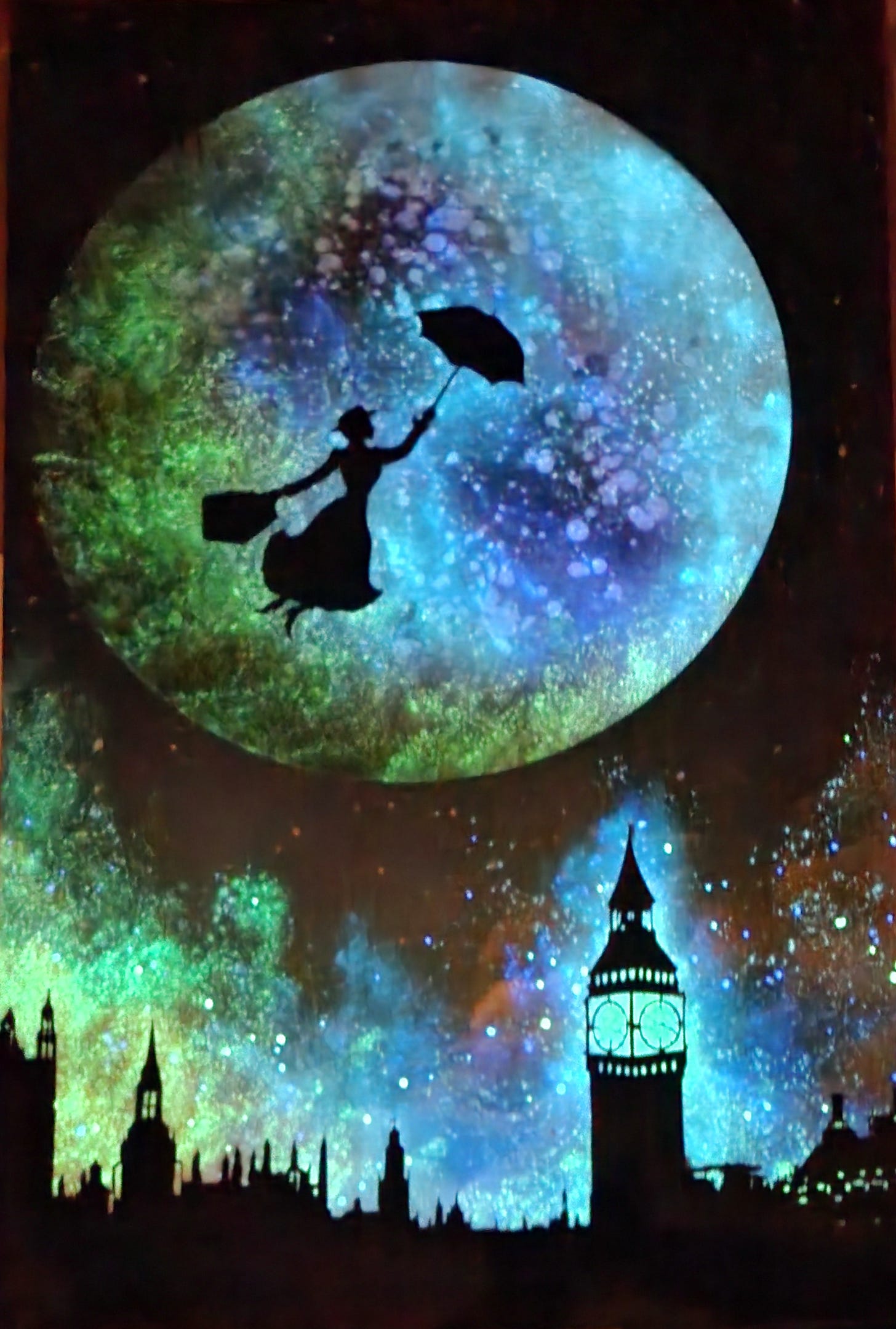 Night mode photo of the piece, which has a black silhouette of Mary Poppins and the Parliament/Big Ben clock tower in front of a glow in the dark moon and clouds 