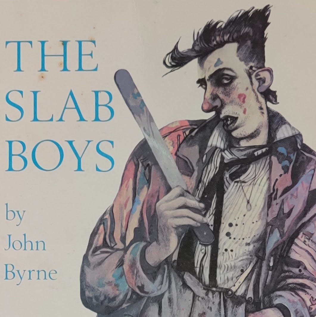 The cover of the playtext for The Slab Boys, written and drawn by John Byrne