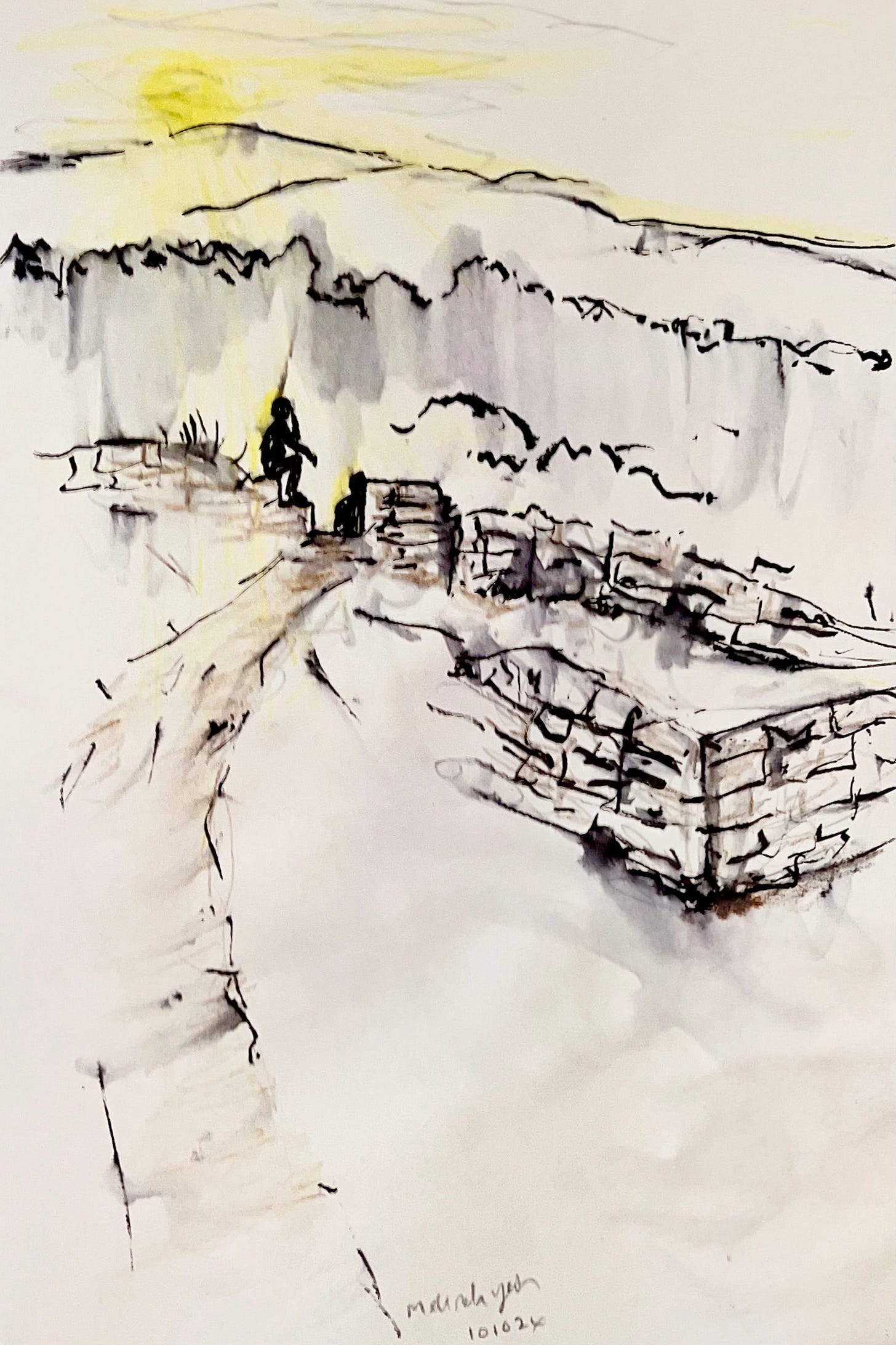 image: ink and watercolour pencil sketch of the sunset in Valença Old Town fortress