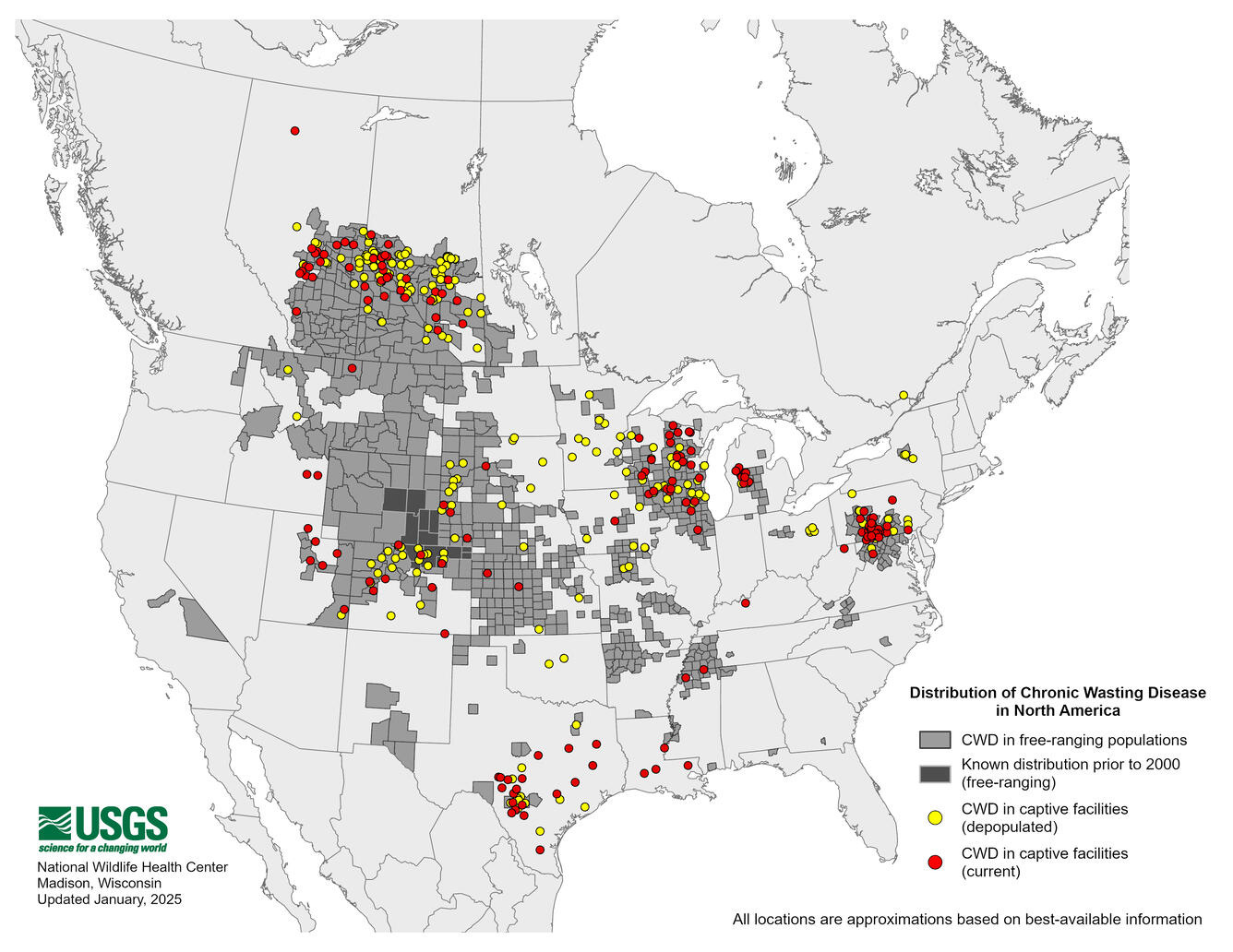 Map of North America showing locations where chronic wasting disease has been detected.