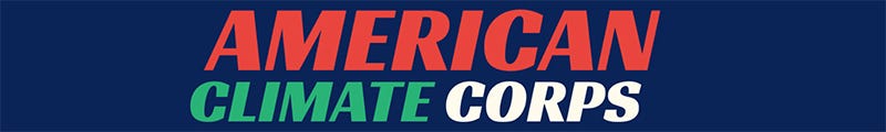 Blue background with the text "American Climate Corps" in red, green, and white letters