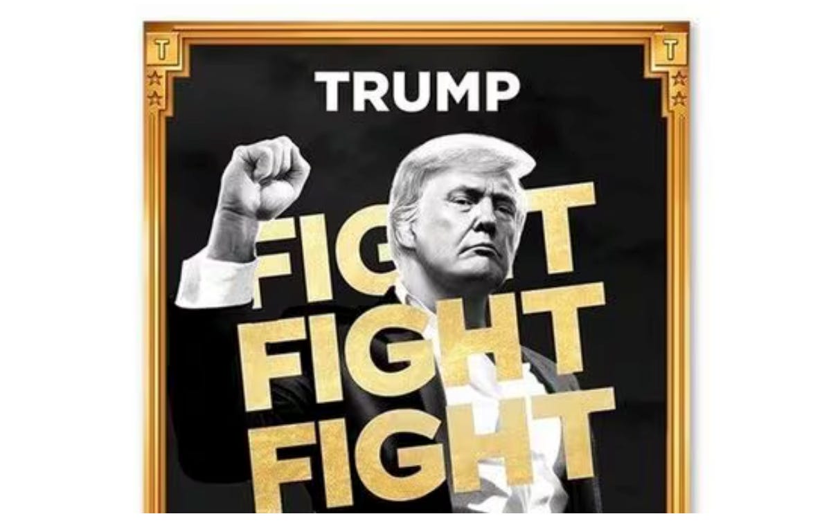 Promotional image for Donald Trump's $TRUMP meme coin, featuring Trump raising a fist with bold text saying 'Fight Fight Fight' in gold letters.