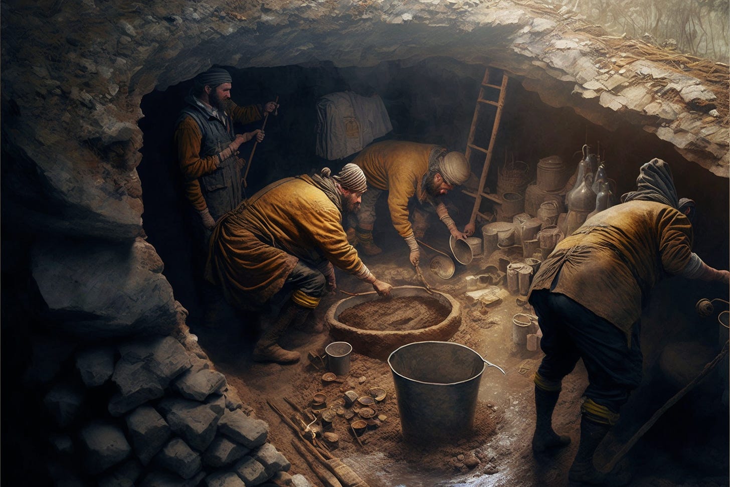 a small group cleaning out a midden pit via MidJourney AI