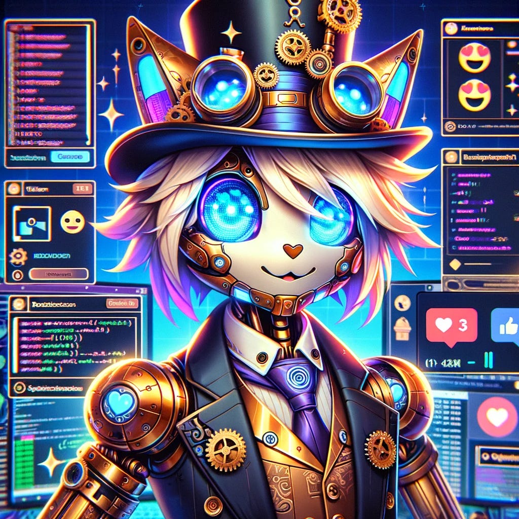 A stylized V-tuber avatar of an anthropomorphic robot with a Victorian-era aesthetic, reimagined in a vibrant anime style. The robot has a top hat embellished with gears, glowing blue eyes, and a polished brass and copper body with anime proportions. The avatar is surrounded by dynamic streaming accessories, like chat windows, reaction emojis, and subscriber notifications, all designed with steampunk elements. The background is a cozy streamer's room with monitors showing programming code and AI-related visuals, creating a modern and inviting space for viewers.