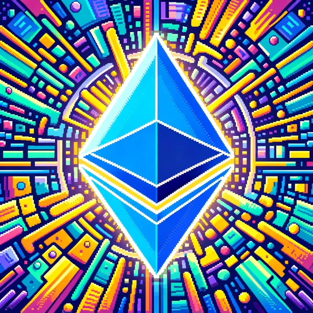 Create a pixel art representation of the Ethereum logo, focusing on a vibrant and colorful design. The Ethereum logo should be central in the composition, surrounded by a dynamic background that suggests digital innovation and the futuristic aspect of blockchain technology. The colors should primarily include shades of blue and white, emblematic of Ethereum's color scheme, with hints of other bright colors to add depth and interest. The overall image should evoke a sense of advanced technology and digital progress, capturing the essence of cryptocurrency in a pixelated style.