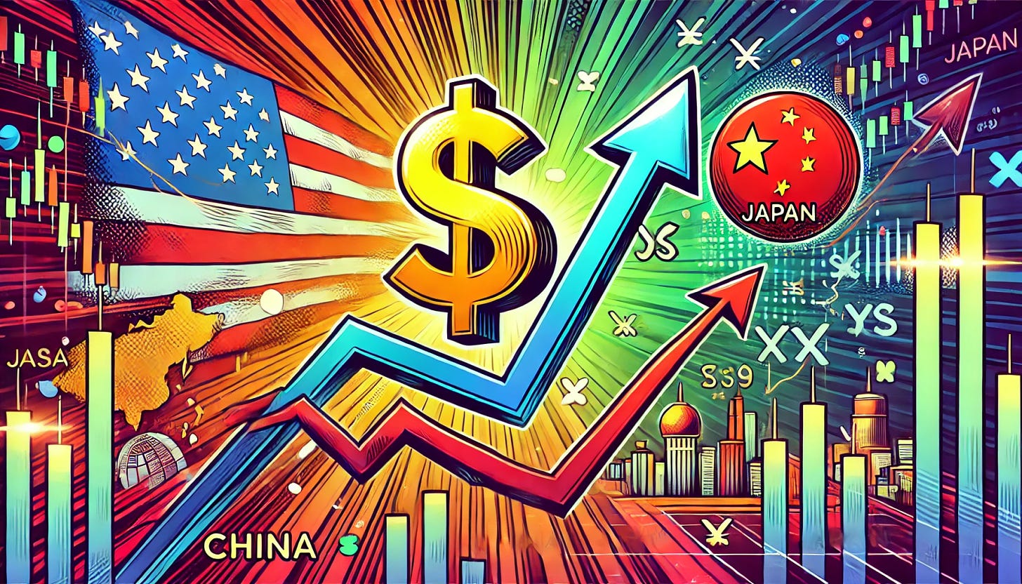 A vibrant, pop-art style illustration depicting a dynamic financial market week: A strong US dollar symbol growing upwards, a stabilized China represented with a glowing outline of the country, and Japan depicted with a low inflation symbol on a downward trend. The background is filled with colorful economic symbols and graphs, reflecting a tumultuous market week. The illustration is in a professional, engaging pop-art style, suitable for a financial newsletter, formatted in 16:9 horizontal rectangle.