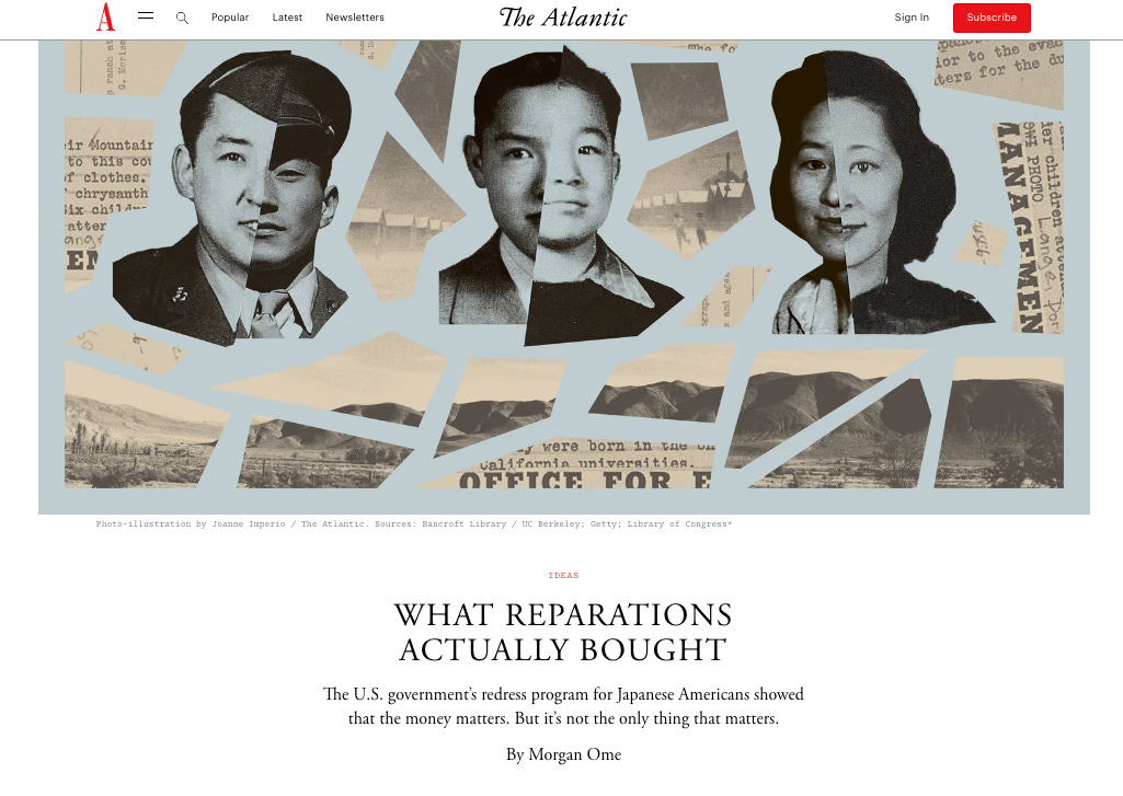 Image shows Morgan Ome's story for the Atlantic "What Reparations Actually Bought" 