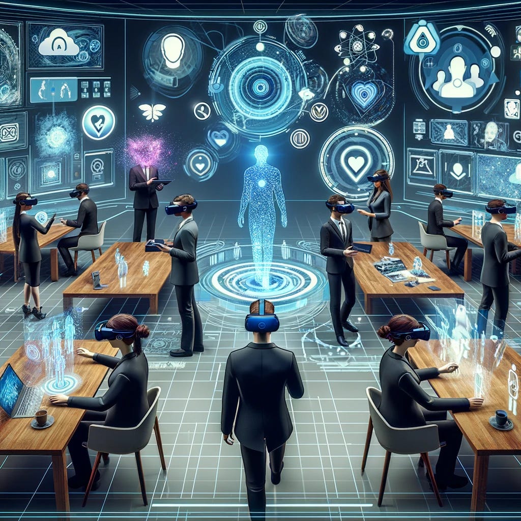 An image depicting a futuristic virtual reality environment where individuals are engaging in various scenarios designed to enhance their emotional intelligence. The scene shows users wearing VR headsets, interacting with holographic projections of different social settings, such as a negotiation table, a public speaking platform, and a collaborative workspace. Each user is surrounded by floating icons and visual feedback related to their emotional responses and decisions. The environment is filled with advanced technology, yet it maintains a human-centric design, emphasizing personal growth and emotional learning.