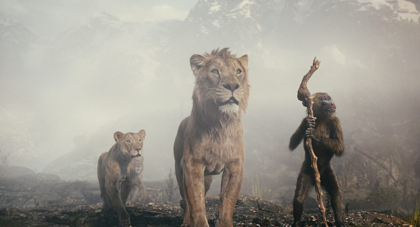 Sarabi (Tiffany Boone), Taka (Kelvin Harrison Jr.), Mufasa (Aaron Pierre), and Rafiki (Kagiso Lediga) in Mufasa: The Lion King