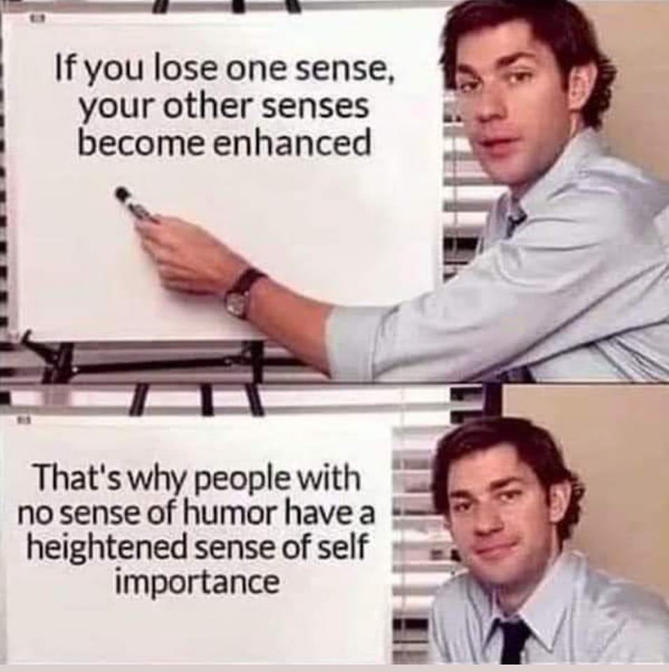 May be an image of 2 people and text that says 'If you lose one sense, your other senses become enhanced That's why people with no sense of humor have a heightened sense of self importance'