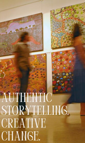 Blurry people walking past abstract art. Text reads "authentic storytelling. creative change."