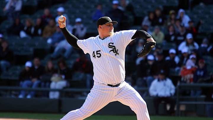 Chicago White Sox relief pitcher Bobby Jenks (45) delivers a pitch in the ninth inning of a game against the Toronto Blue Jays at US Cellular Field. The Blue Jays defeated the White Sox 9-7 in 2010.